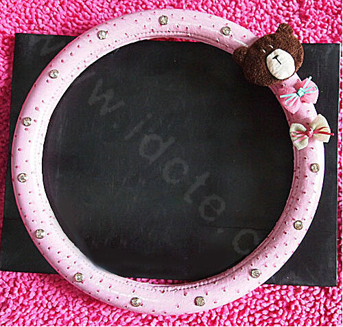 Bowknot Bear Diamond Genuine Leather Car Steering Wheel Covers 15 inch 38CM - Pink