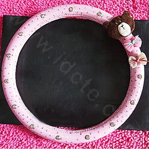 Bowknot Bear Diamond Genuine Leather Car Steering Wheel Covers 15 inch 38CM - Pink
