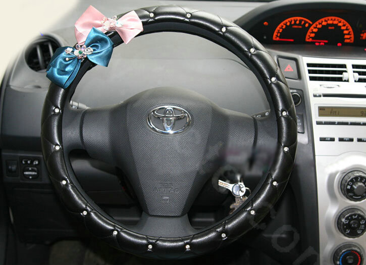 Bowknot Diamond PU Leather Car Steering Wheel Covers For Sale 15 inch 38CM - Black