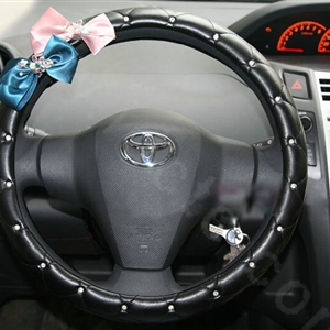 Bowknot Diamond PU Leather Car Steering Wheel Covers For Sale 15 inch 38CM - Black