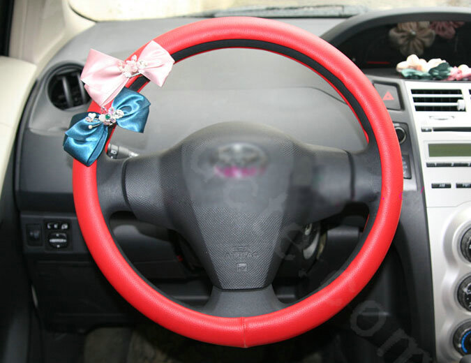 Bowknot Diamond PU Leather Car Steering Wheel Covers For Sale 15 inch 38CM - Red