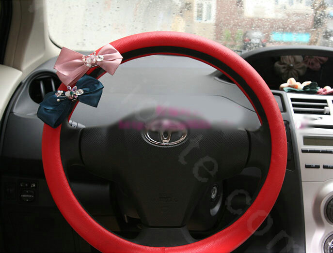 Bowknot Diamond PU Leather Car Steering Wheel Covers For Sale 15 inch 38CM - Red