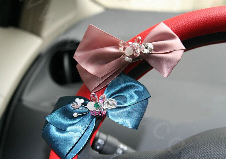 Bowknot Diamond PU Leather Car Steering Wheel Covers For Sale 15 inch 38CM - Red