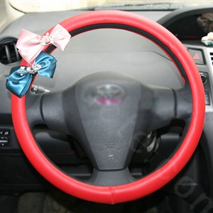 Bowknot Diamond PU Leather Car Steering Wheel Covers For Sale 15 inch 38CM - Red
