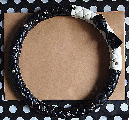 Bowknot Diamond Sheepskin Leather Car Steering Wheel Covers For Sale 15 inch 38CM - Black