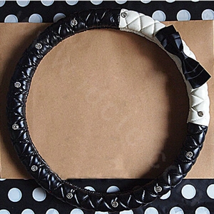 Bowknot Diamond Sheepskin Leather Car Steering Wheel Covers For Sale 15 inch 38CM - Black