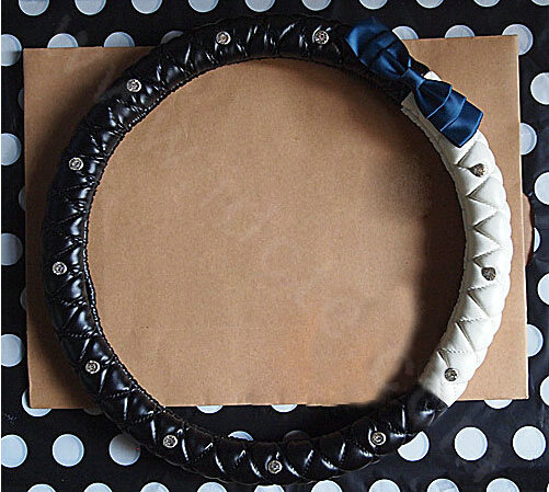 Bowknot Diamond Sheepskin Leather Car Steering Wheel Covers For Sale 15 inch 38CM - Blue