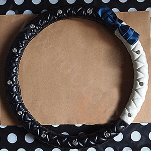 Bowknot Diamond Sheepskin Leather Car Steering Wheel Covers For Sale 15 inch 38CM - Blue