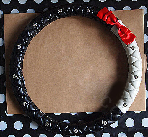 Bowknot Diamond Sheepskin Leather Car Steering Wheel Covers For Sale 15 inch 38CM - Red