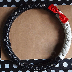 Bowknot Diamond Sheepskin Leather Car Steering Wheel Covers For Sale 15 inch 38CM - Red