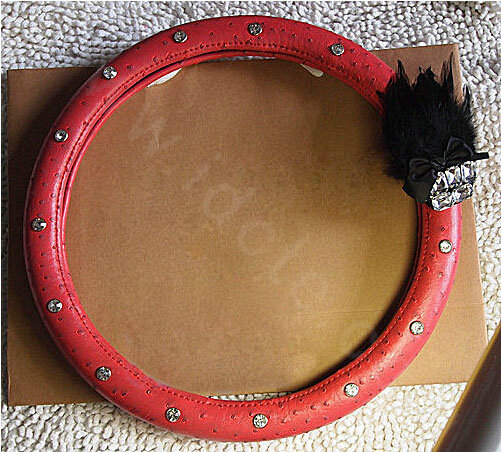 Bowknot Feather Diamond Genuine Leather Car Steering Wheel Covers 15 inch 38CM - Red