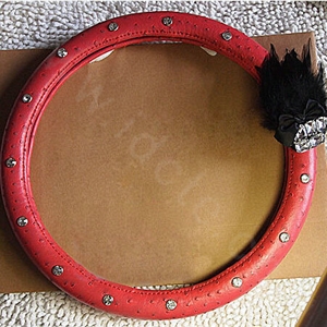 Bowknot Feather Diamond Genuine Leather Car Steering Wheel Covers 15 inch 38CM - Red