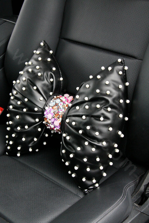 Bowknot Flower Auto Lumbar Pillow Genuine Sheepskin Pearl Support Cushion 1pcs - Black