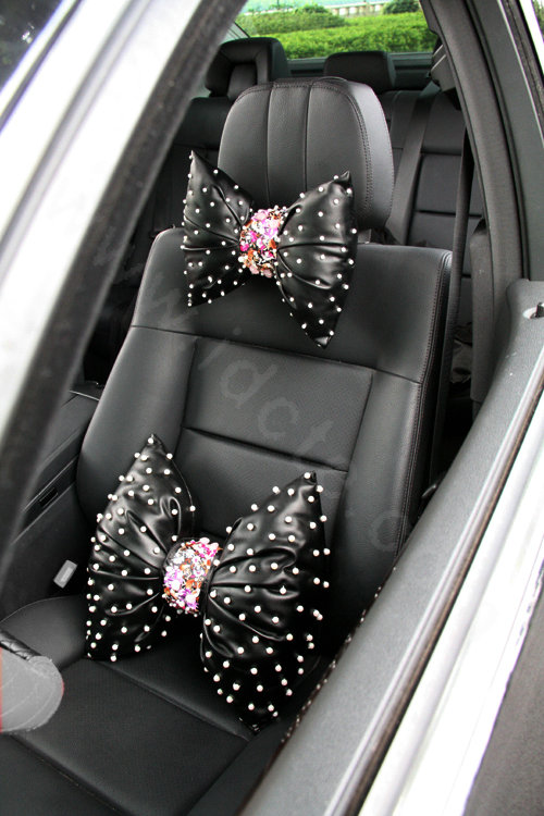 Bowknot Flower Auto Lumbar Pillow Genuine Sheepskin Pearl Support Cushion 1pcs - Black