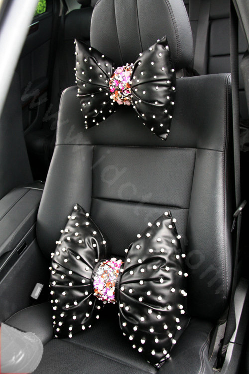 Bowknot Flower Auto Lumbar Pillow Genuine Sheepskin Pearl Support Cushion 1pcs - Black