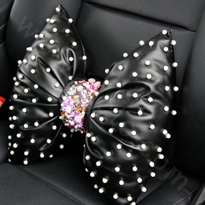 Bowknot Flower Auto Lumbar Pillow Genuine Sheepskin Pearl Support Cushion 1pcs - Black