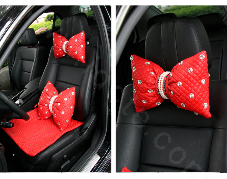 Bowknot Pearl Rhinestone Car Headrest Genuine Sheepskin Neck Safety Pillow 1pcs - Red