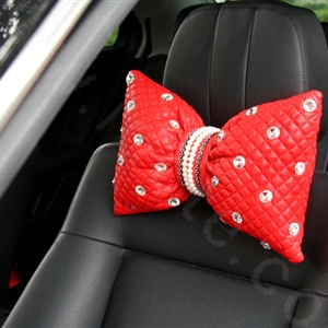Bowknot Pearl Rhinestone Car Headrest Genuine Sheepskin Neck Safety Pillow 1pcs - Red