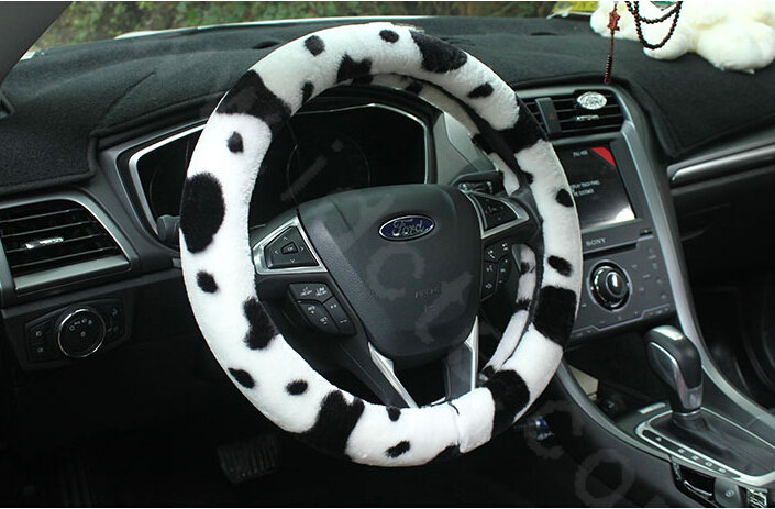 Calssic Fuzzy Milk Cow Print Winter Plush Car Steering Wheel Covers 15 inch 38CM - Black White