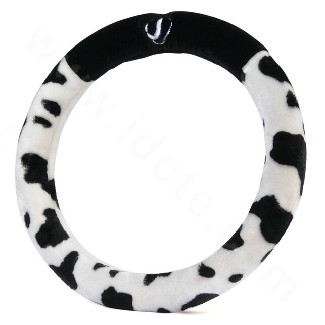 Calssic Fuzzy Milk Cow Print Winter Plush Car Steering Wheel Covers 15 inch 38CM - Black White