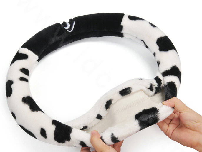 Calssic Fuzzy Milk Cow Print Winter Plush Car Steering Wheel Covers 15 inch 38CM - Black White