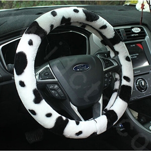 Calssic Fuzzy Milk Cow Print Winter Plush Car Steering Wheel Covers 15 inch 38CM - Black White