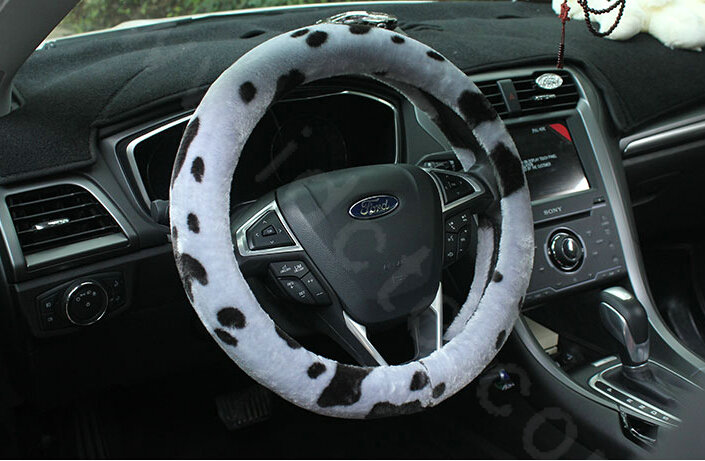 Calssic Fuzzy Milk Cow Print Winter Plush Car Steering Wheel Covers 15 inch 38CM - Gray
