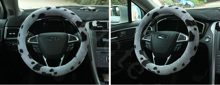 Calssic Fuzzy Milk Cow Print Winter Plush Car Steering Wheel Covers 15 inch 38CM - Gray
