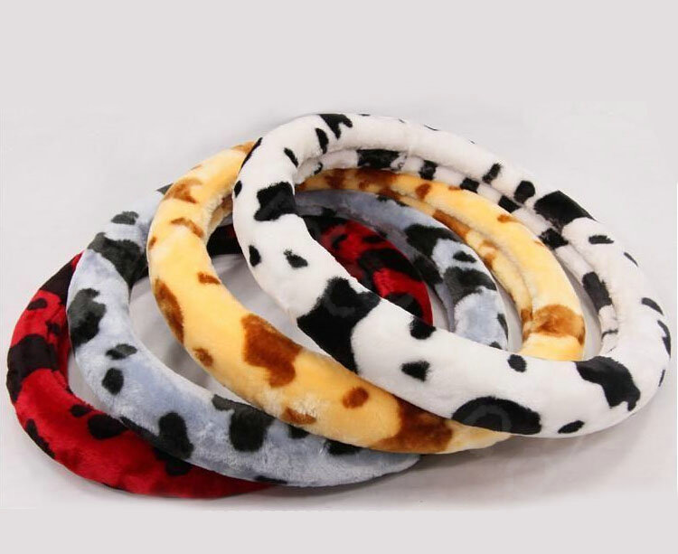 Calssic Fuzzy Milk Cow Print Winter Plush Car Steering Wheel Covers 15 inch 38CM - Gray