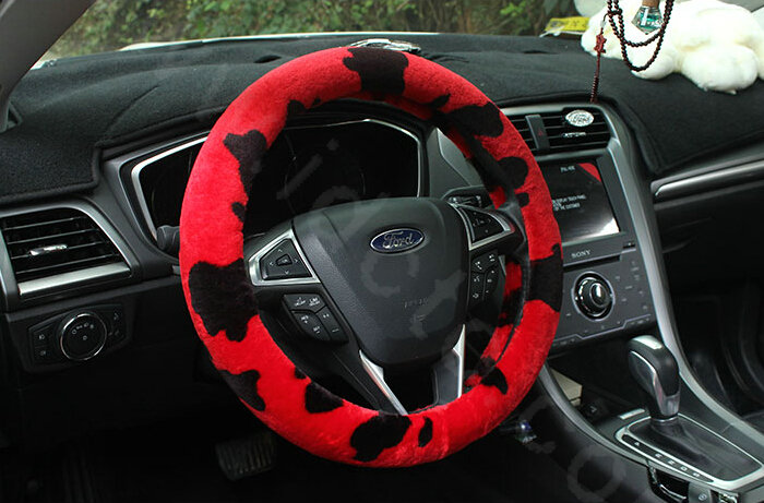 Calssic Fuzzy Milk Cow Print Winter Plush Car Steering Wheel Covers 15 inch 38CM - Red