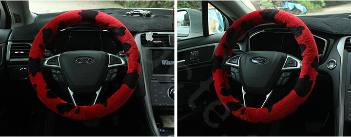 Calssic Fuzzy Milk Cow Print Winter Plush Car Steering Wheel Covers 15 inch 38CM - Red