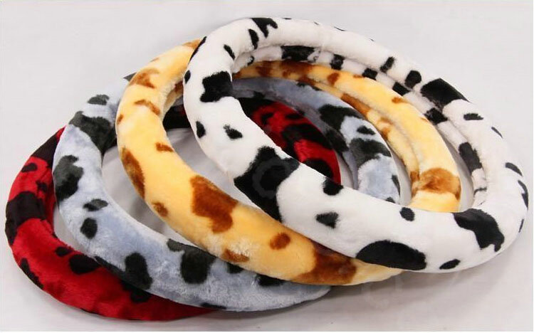Calssic Fuzzy Milk Cow Print Winter Plush Car Steering Wheel Covers 15 inch 38CM - Red
