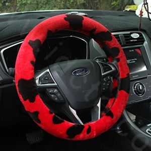 Calssic Fuzzy Milk Cow Print Winter Plush Car Steering Wheel Covers 15 inch 38CM - Red