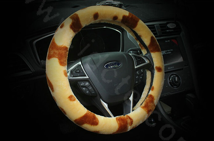Calssic Fuzzy Milk Cow Print Winter Plush Car Steering Wheel Covers 15 inch 38CM - Yellow