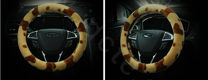 Calssic Fuzzy Milk Cow Print Winter Plush Car Steering Wheel Covers 15 inch 38CM - Yellow