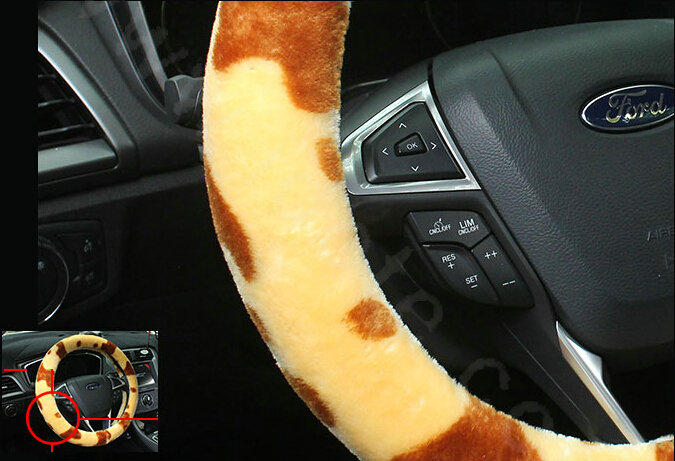 Calssic Fuzzy Milk Cow Print Winter Plush Car Steering Wheel Covers 15 inch 38CM - Yellow