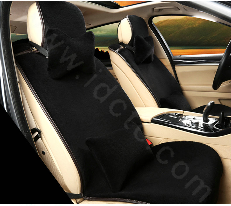 Calssic Luxury Genuine Wool Auto Cushion Women Universal Car Seat Covers 15pcs Sets - Black