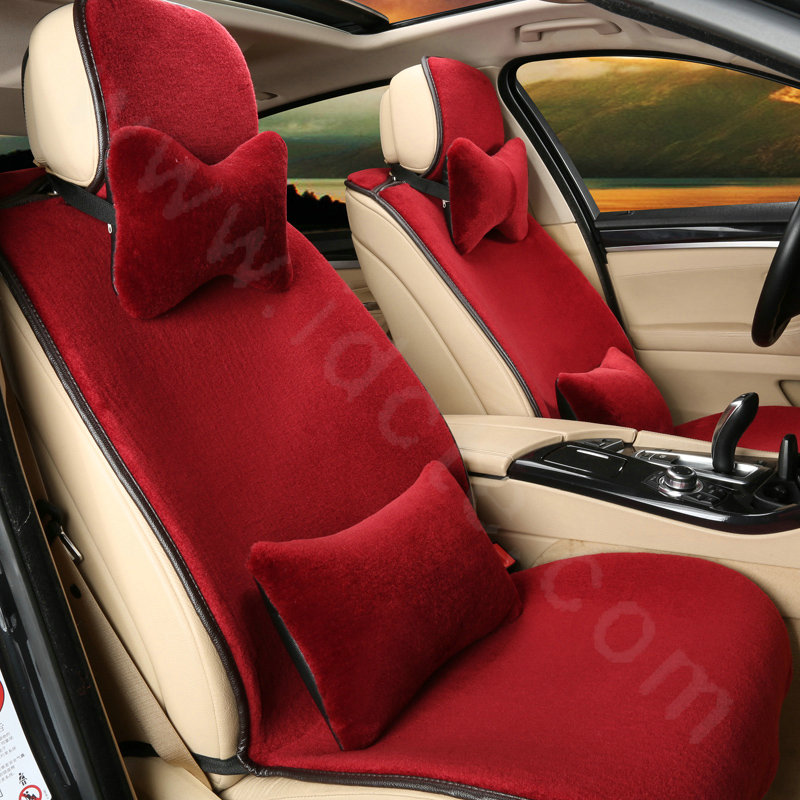 Calssic Luxury Genuine Wool Auto Cushion Women Universal Car Seat Covers 15pcs Sets - Red