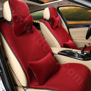 Calssic Luxury Genuine Wool Auto Cushion Women Universal Car Seat Covers 15pcs Sets - Red