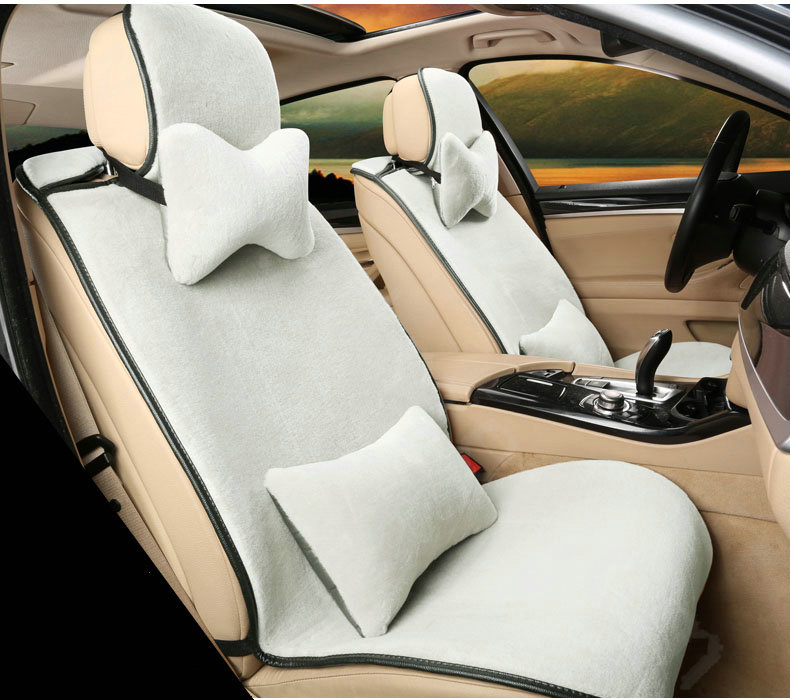 Calssic Luxury Genuine Wool Auto Cushion Women Universal Car Seat Covers 15pcs Sets - White