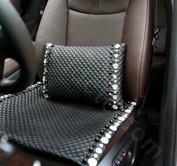 Calssic Rhinestone Auto Lumbar Pillow Genuine Sheepskin Pearl Support Cushion 1pcs - Black