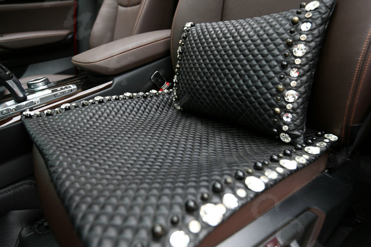 Calssic Rhinestone Auto Lumbar Pillow Genuine Sheepskin Pearl Support Cushion 1pcs - Black