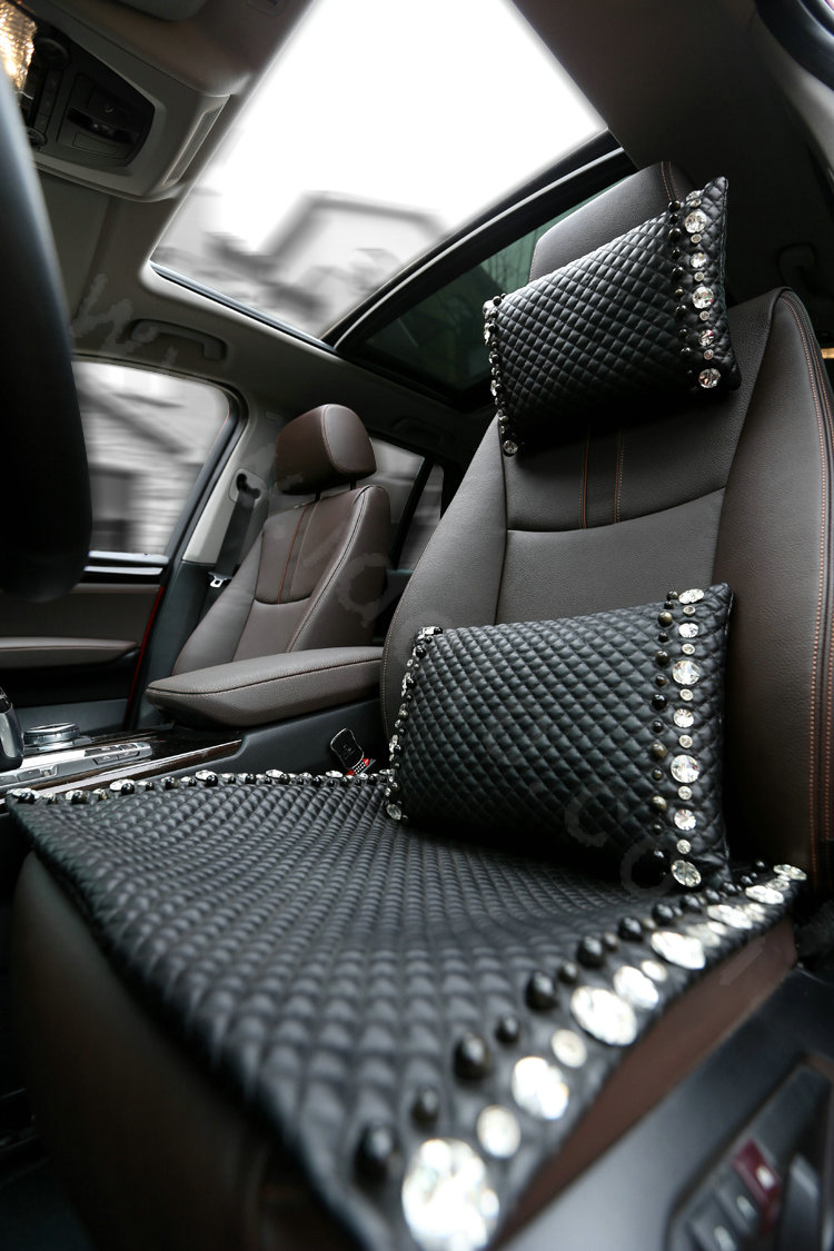 Calssic Rhinestone Auto Lumbar Pillow Genuine Sheepskin Pearl Support Cushion 1pcs - Black