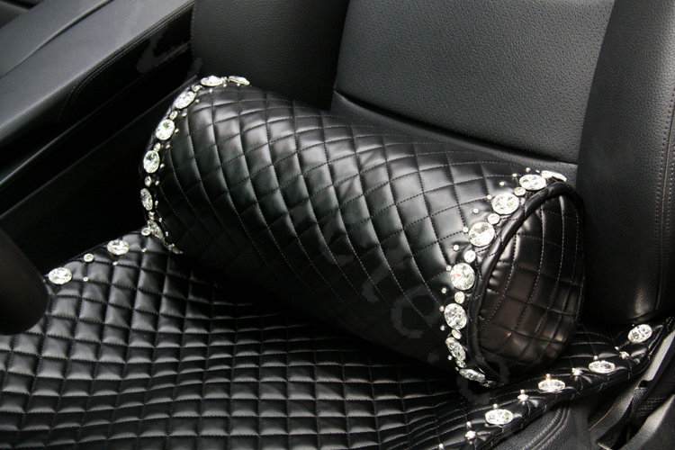 Calssic Rhinestone Auto Lumbar Pillow Genuine Sheepskin Round Support Cushion 1pcs - Black