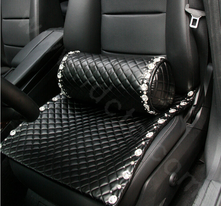 Calssic Rhinestone Auto Lumbar Pillow Genuine Sheepskin Round Support Cushion 1pcs - Black