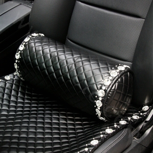 Calssic Rhinestone Auto Lumbar Pillow Genuine Sheepskin Round Support Cushion 1pcs - Black