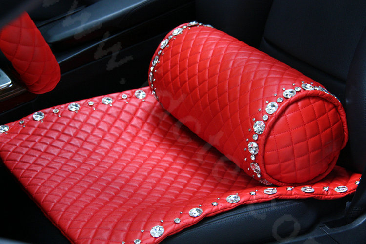 Calssic Rhinestone Auto Lumbar Pillow Genuine Sheepskin Round Support Cushion 1pcs - Red