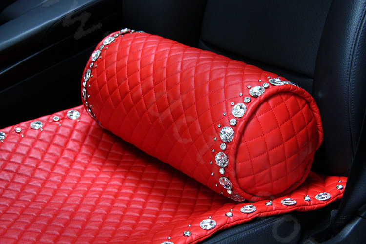 Calssic Rhinestone Auto Lumbar Pillow Genuine Sheepskin Round Support Cushion 1pcs - Red