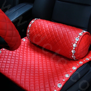 Calssic Rhinestone Auto Lumbar Pillow Genuine Sheepskin Round Support Cushion 1pcs - Red