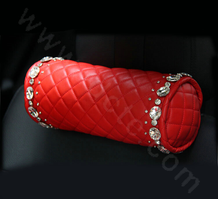 Calssic Rhinestone Genuine Sheepskin Round Auto Neck Safety Pillow Car Decoration 1pcs - Red